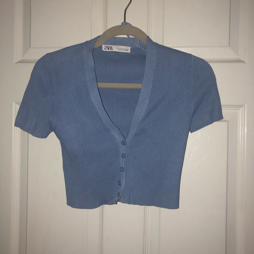 New Zara Blue Ribbed Button-Up Crop Top- size small
